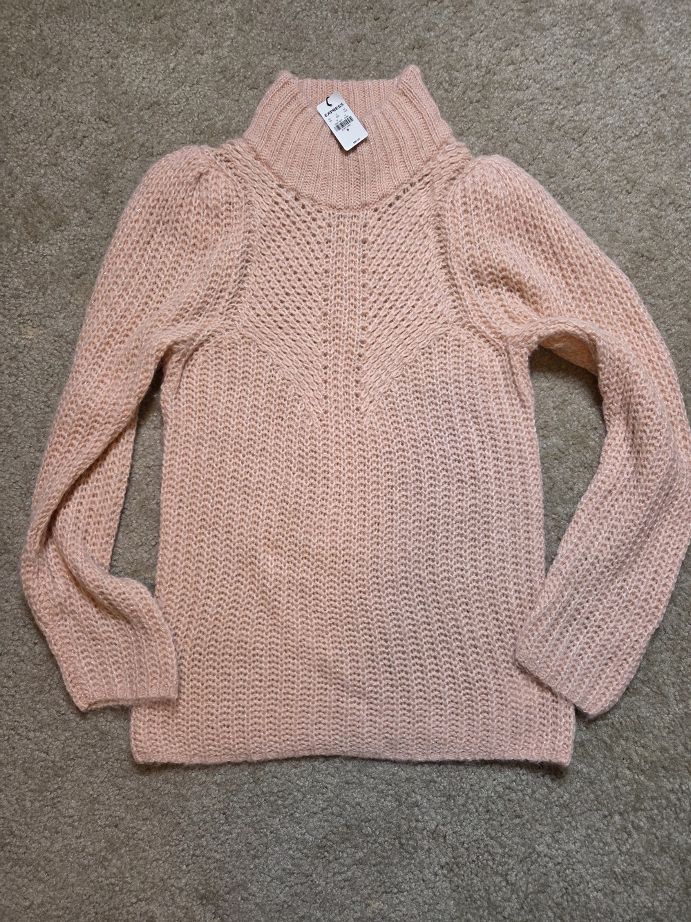 Express Pink Coral Metallic Pointelle Mock Neck Puff Sleeve Knit Sweater NWT Med